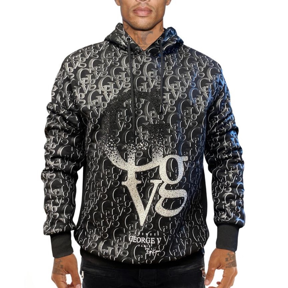 Large Men’s Black White Sweater Hoodie George V Designer Brand Rhinestone